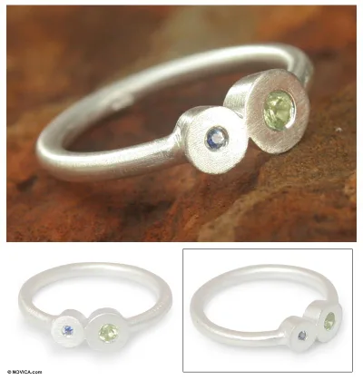 Sapphire and peridot cocktail ring, 'Sister, My Sister' - Modern Silver Peridot and Sapphire Ring