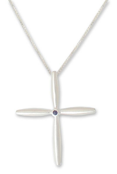 Iolite cross necklace, 'Visionary' - Modern Sterling Silver and Iolite Pendant Necklace