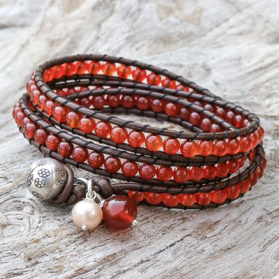 Leather and carnelian wrap bracelet, 'Hope' - Artisan Crafted Carnelian Wrap Bracelet