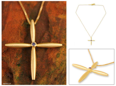 Gold plated iolite cross necklace, 'Visionary' - Gold plated iolite cross necklace