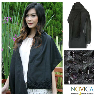 Beaded shawl, 'Glamour in Black' - Hand Beaded Silk Blend Shawl