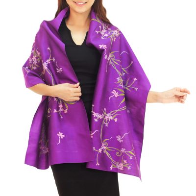 Shawl, 'Violet Dragonfly Secrets' - Embroidered Purple Shawl