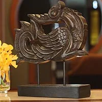 Wood sculpture, 'Magnificent Huang' - Huang Bird Carving on Stand