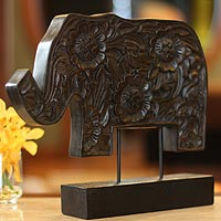 Wood sculpture, 'Blossoming Elephant' - Wood sculpture