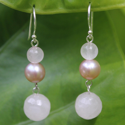 Pearl and rose quartz dangle earrings, Loves Promise
