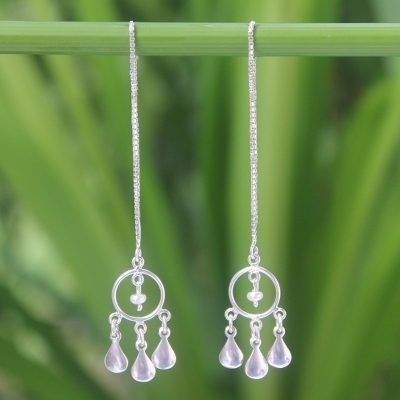 Cultured pearl threader earrings, 'Love Trio' - Pearl and Silver Threader Earrings