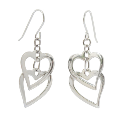 Sterling silver heart earrings, 'Love Times Two' - Hand Crafted Sterling Silver Heart Earrings
