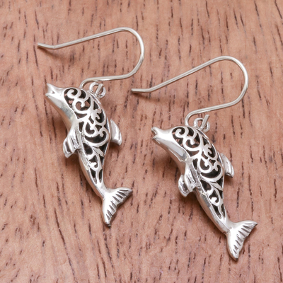 Sterling silver dangle earrings, 'Dolphin Song' - Handmade Sterling Silver Dangle Earrings