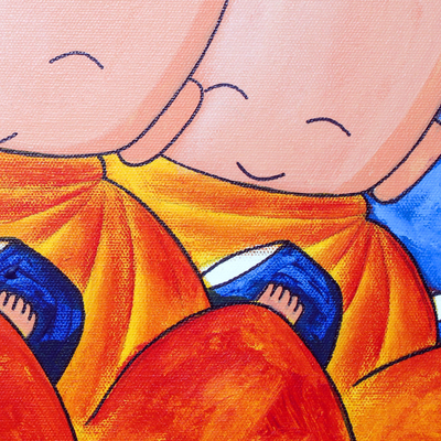 'Thailand Offering III' - Signiertes Naif-Gemälde von drei Kindern als thailändische Mönche