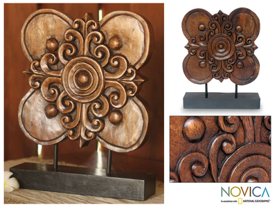 Wood sculpture, 'Blossoming Shield' - Hand Carved Floral Wood Sculpture