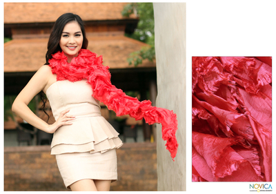 Thai scarf, 'Daring Pink' - Rayon and Silk Blend Ruffled Scarf