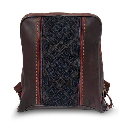Leather and cotton backpack bag, 'Hmong Paths' - Leather and cotton backpack bag