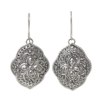 Sterling silver dangle earrings, 'Tribal Shields' - Handcrafted Floral Sterling Silver Dangle Earrings