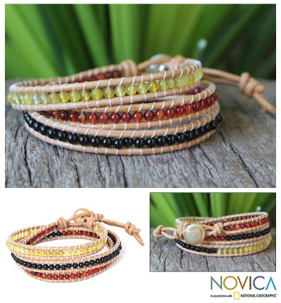 Onyx and carnelian wrap bracelet, 'Sundown' - Onyx and Carnelian Wrap Bracelet