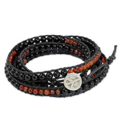 Onyx and carnelian wrap bracelet, 'Mekong Midnight' - Fair Trade Onyx and Carnelian Wrap Bracelet