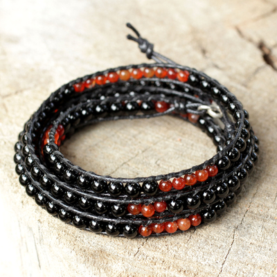Fair Trade Onyx and Carnelian Wrap Bracelet - Mekong Midnight | NOVICA