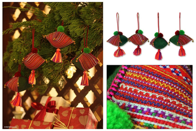 Hemp and cotton ornaments, 'Emerald Hmong Feast' (set of 4) - Hemp and cotton ornaments (Set of 4)