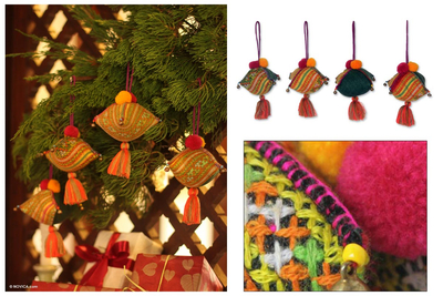 Hemp and cotton ornaments, 'Golden Emerald Feast' (set of 4) - Hemp and cotton ornaments (Set of 4)