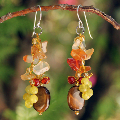 Tiger's eye and carnelian cluster earrings, 'Thai Autumn' - Hand Crafted Tiger's Eye and Quartz Cluster Earrings