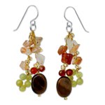 Tiger's eye and carnelian cluster earrings, 'Thai Autumn' - Hand Crafted Tiger's Eye and Quartz Cluster Earrings