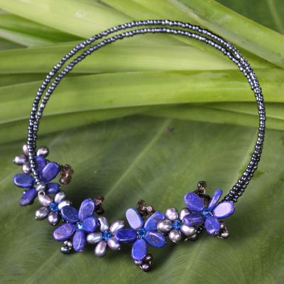 Pearl and lapis lazuli choker, 'Phuket Flowers' - Lapis Lazuli Choker Necklace