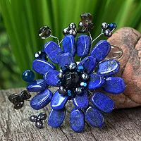 Lapis lazuli and smoky quartz brooch pin, 'Phuket Flowers'