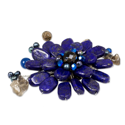 Lapis lazuli and smoky quartz brooch pin, 'Phuket Flowers' - Handmade Floral Lapis Lazuli Brooch Pin