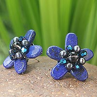 Lapis lazuli and pearl button earrings, 'Phuket Flowers'