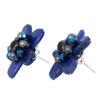 Ohrringe mit Lapislazuli und Perlenknöpfen - Ohrringe mit Lapislazuli und Perlenknöpfen