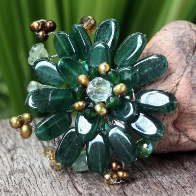 Pearl and prehnite brooch pin, 'Jungle Flowers' - Hand Crafted Floral Quartz Brooch Pin