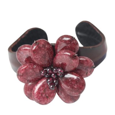 Handcrafted Floral Quartz and Leather Cuff Bracelet