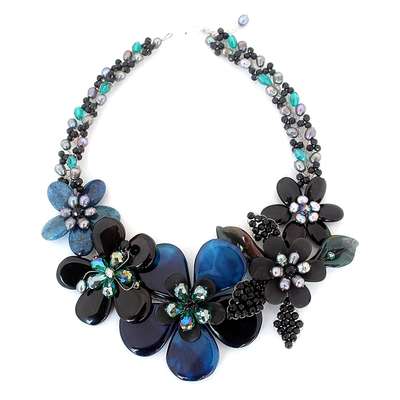 Quartz and cultured pearls flower necklace, 'Blossoming Midnight' - Floral Beaded Agate Necklace