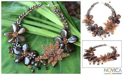 Cultured pearl and smoky quartz floral necklace, 'Floral Mystery' - Cultured pearl and smoky quartz floral necklace