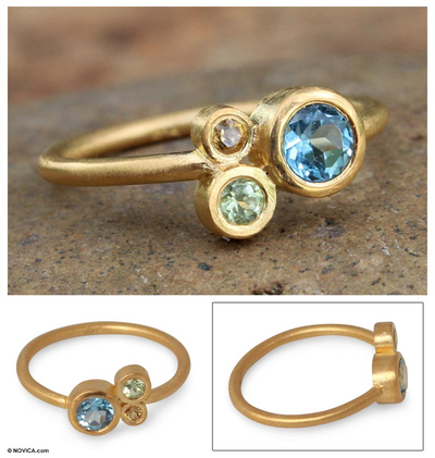 Gold plated blue topaz cocktail ring, 'Chiang Mai Majesty' - 24k Gold Plated Blue Topaz and Citrine Ring
