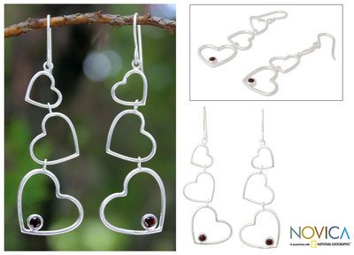 Garnet heart earrings, 'Love's Passion' - Heart Shaped Sterling Silver and Garnet Earrings