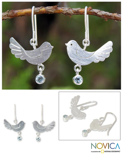Blue topaz  dangle earrings, 'Doves of Peace' - Sterling Silver and Blue Topaz Dangle Earrings