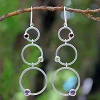 Garnet and amethyst dangle earrings, 'Spring Color' - Modern Sterling Silver Multigem Earrings