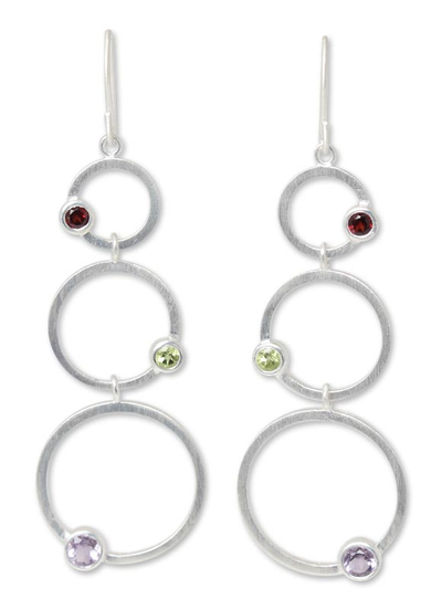 Garnet and amethyst dangle earrings, 'Spring Color' - Modern Sterling Silver Multigem Earrings