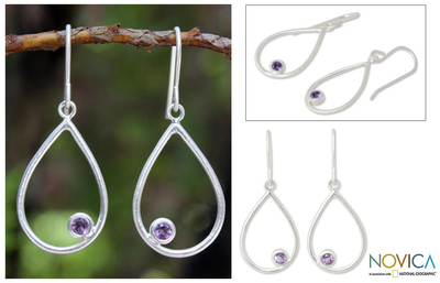 Amethyst dangle earrings, 'Rain' - Handmade Sterling Silver and Amethyst Dangle Earrings