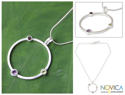 Garnet and amethyst pendant necklace, 'Spring Color' - Amethyst and Garnet Silver Pendant Necklace