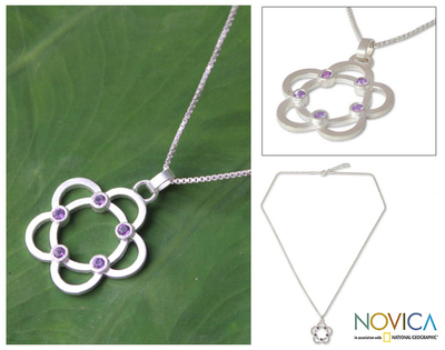 Amethyst flower necklace, 'Blossoming Glamour' - Handcrafted Amethyst and Silver Flower Necklace