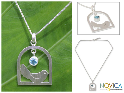 Blue topaz pendant necklace, 'Happy Bird' - Hand Crafted Sterling Silver and Blue Topaz Necklace