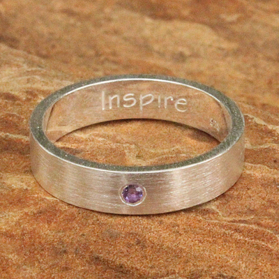 Amethyst band ring, 'Inspire' - Amethyst and Silver Inspirational Band Ring