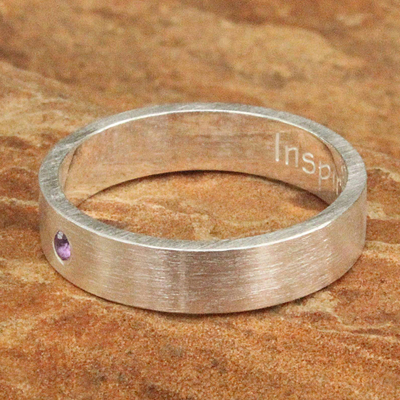 Amethyst band ring, 'Inspire' - Amethyst and Silver Inspirational Band Ring
