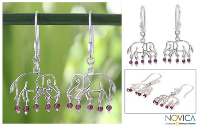 Garnet dangle earrings, 'Elephant Glitz' - Garnet and Silver Dangle Earrings