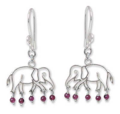 Garnet dangle earrings, 'Elephant Glitz' - Garnet and Silver Dangle Earrings