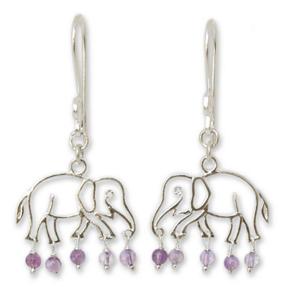 Amethyst dangle earrings, 'Elephant Glitz' - Sterling Silver and Amethyst Dangle Earrings