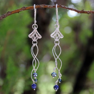 Pearl and lapis lazuli flower earrings, 'Filigree Tulips' - Handcrafted Lapis Lazuli and Filigree Silver Dangle Earrings