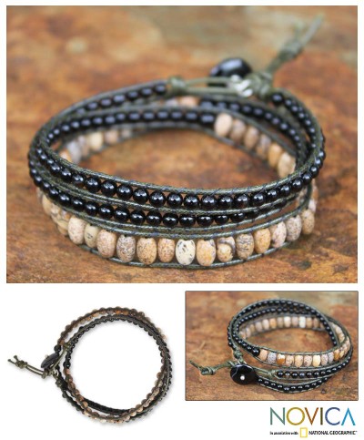 Onyx and jasper wrap bracelet, 'Midnight Orchid' - Onyx and jasper wrap bracelet