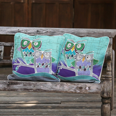 Cotton batik cushion covers, 'Mischievous Owls' (pair) - Artisan Crafted Cotton Cushion Covers (Pair)